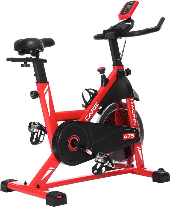 Rode hometrainer met zwart frame en display.
