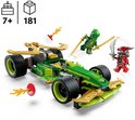 Groene en gouden LEGO Ninjago racewagen met rode en groene ninja's die vechten met zwaarden.