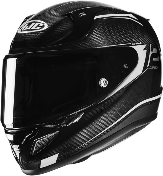 Zwarte integraalhelm met witte accenten en carbonpatroon. RPHA 12 Carbon Keres.