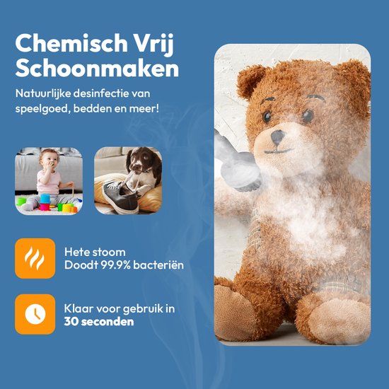 Stoomreiniger die stoom blaast op een teddybeer. Kleine afbeeldingen van een baby met speelgoed en een hond op schoenen. Tekst: "Chemisch Vrij Schoonmaken", "Hete stoom", "Klaar voor gebruik in 30 seconden".