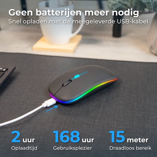 Nuvance Draadloze Muis LED - Bluetooth - Stil - Laptop & Gaming - Draadloos - Computermuis - Links & Rechtshandig - Zwart