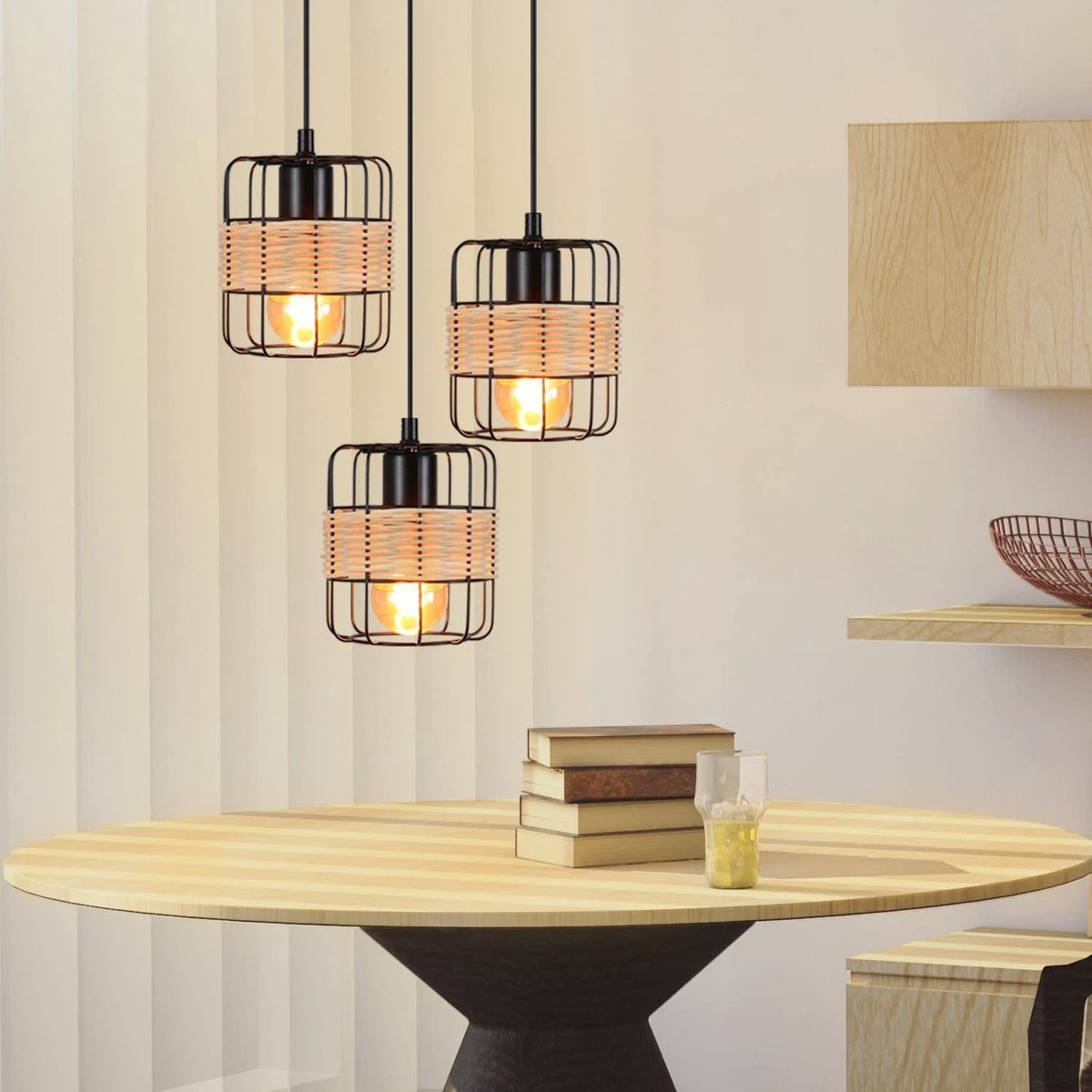 NETTLIFE Hanglamp - Rond - Zwart - 3-Lichts - eetkamerlamp Vintage - E27 fitting - Rotan design - Metaal Natuur hanglamp - voor Eetkamer | Slaapkamer | Keuken-excl. lichtbron