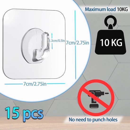 10 stuks transparante kleefhaken, transparante haken, waterdicht (max