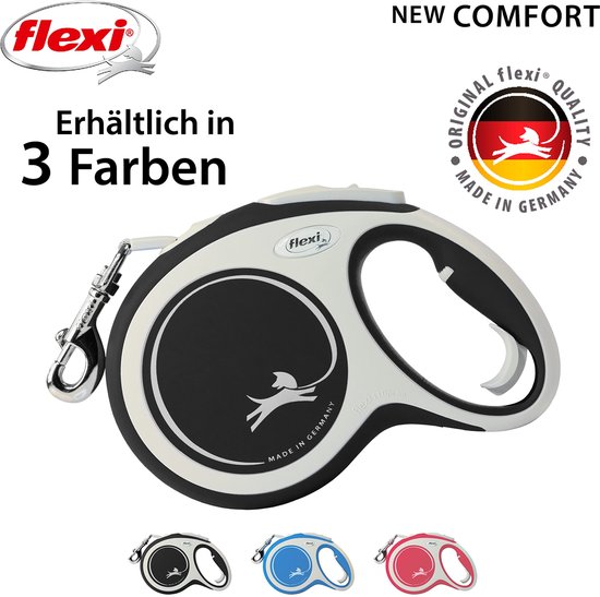 Laisse enrouleur Flexi New Comfort noir et gris avec trois options de couleur en bas : noir, bleu et rouge.