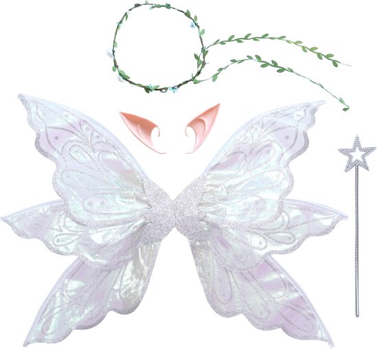 Joya Kids® | Elf Verkleedset Kind & Volwassene | Inclusief Vleugels 60x50 cm | Toverstaf | Elfenoren | Natuur Haarband | Verkleedkleding Accessoires | Carnvalskleding Halloween Meisjes | Parelmoer Vleugelset