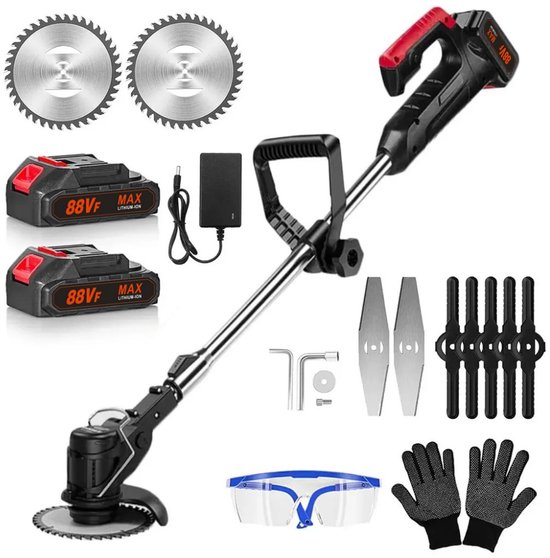 Traumheim®Accu-grasmaaier 21V met 2 accu's en oplader – Grastrimmer – Bosmaaier – Freischneider & Motorsense met telescopische steel + extra handgreep - zwart