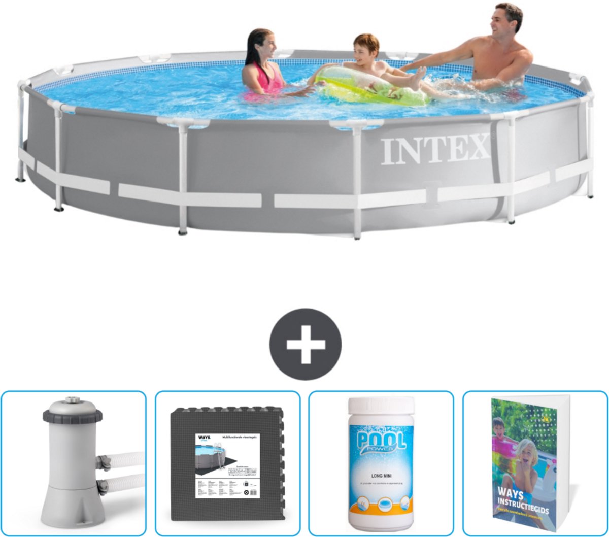 Intex Rond Prism Frame Zwembad - 366 x 76 cm - Grijs - Inclusief Zwembadfilterpomp - Vloertegels - Chloor - Zwembadgids