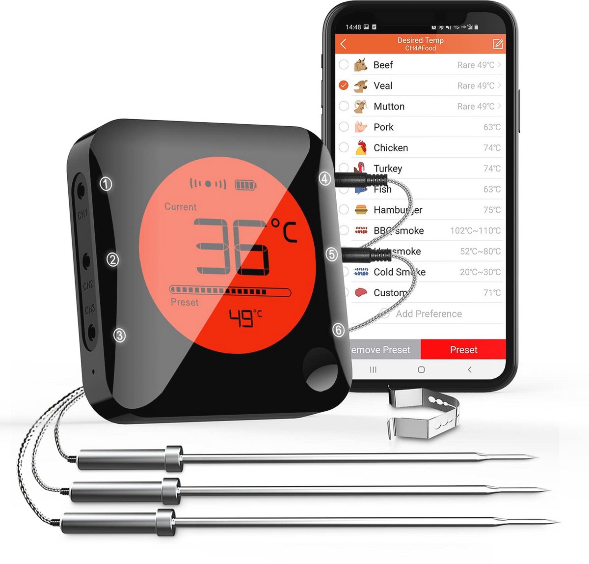 Digitale Bluetooth Grillthermometer met 3 Temperatuursensoren en Alarm