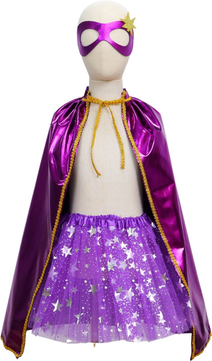 Joya Kids® Verkleedset Meisje | Superhelden Outfit Kind | Tutu Rok + Metallic Cape + Masker | Superheldin Ster | Prinses | Meisje Verkleedset | Prinsessencape | Carnaval | Verkleedkleding 3-delig | Paars — afbeelding 4