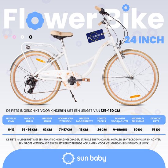 Flower Bike Kinderfiets 24 inch meisjes van 8 tot 12 jaar, Beige en wit, Fiets voor een meisje met 7 versnellingen, bagagedrager, metalen spatborden, V-brake, kettingkast van Flower Bike — afbeelding 3