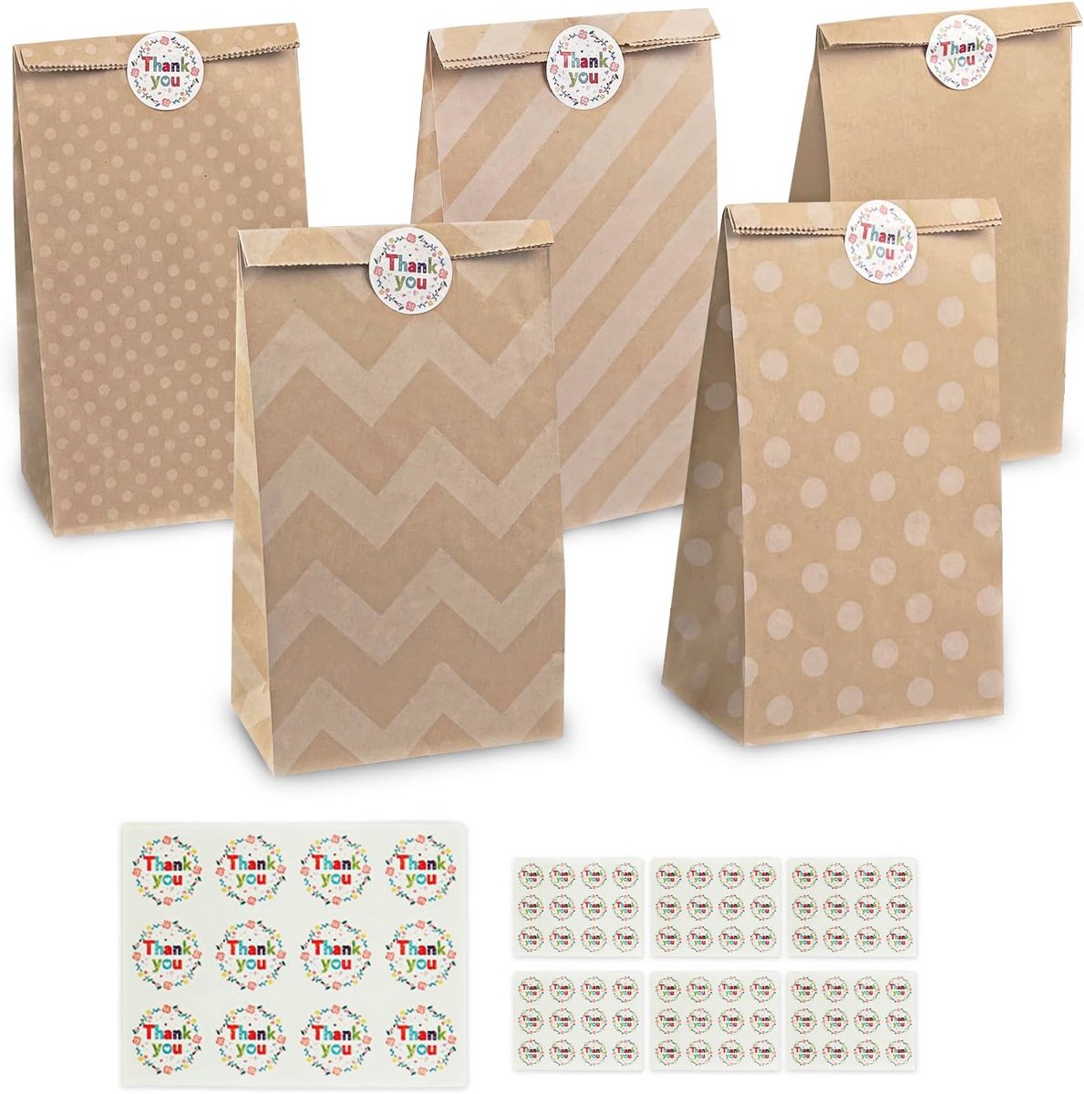 Kraftzakjes 50 stuks met Stickers voor Geschenken en Desserts - Ideaal voor Feestjes en Verjaardagen