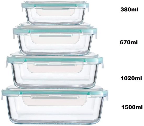 Cheffinger Glazen Vershoudbakjes - 4-delig - Meal Prep Bakjes - Lunchbox - BPA vrij - Glas