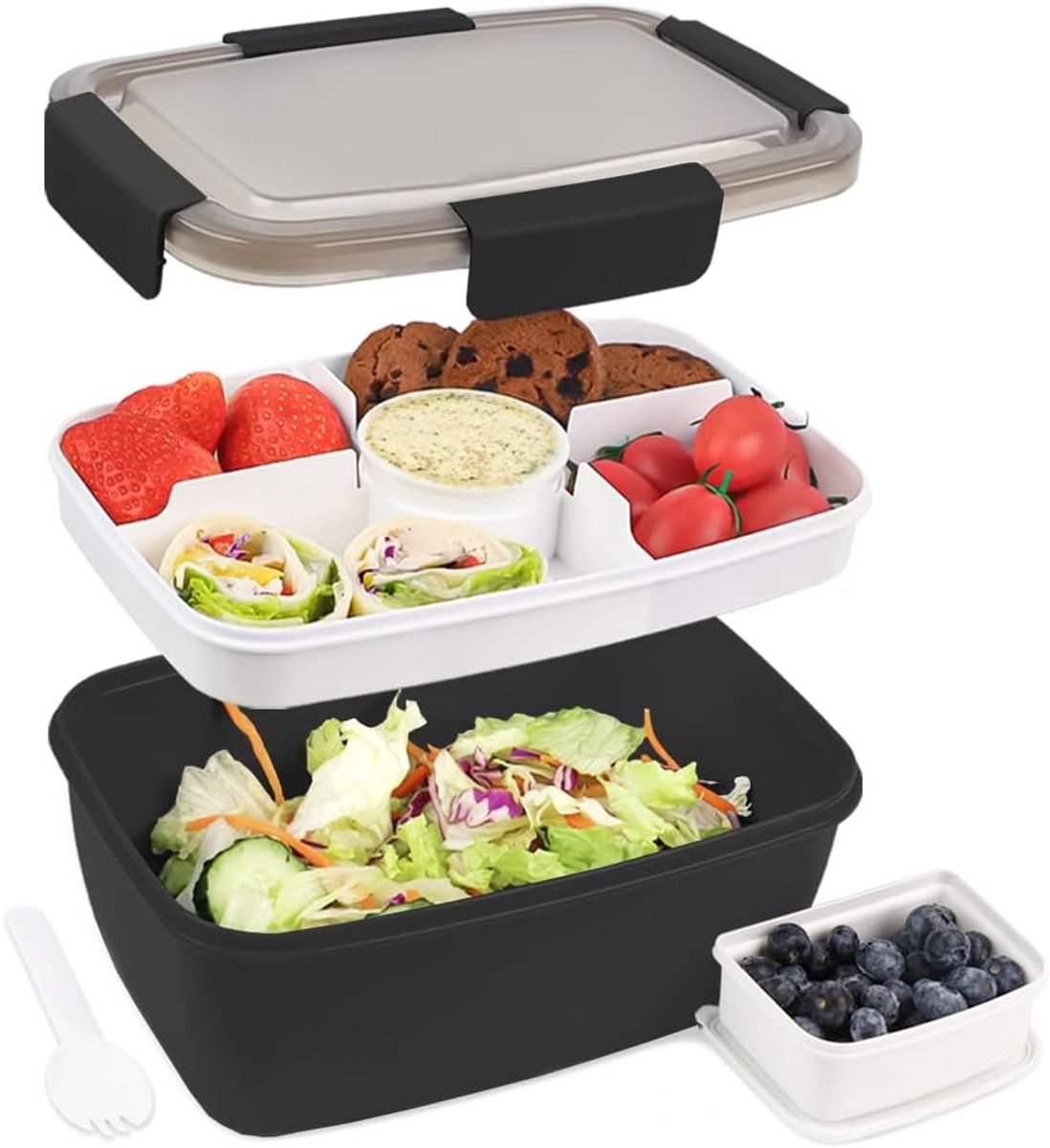 Bento Box 2000 ml - lunchbox to go met 4 compartimenten - zwart