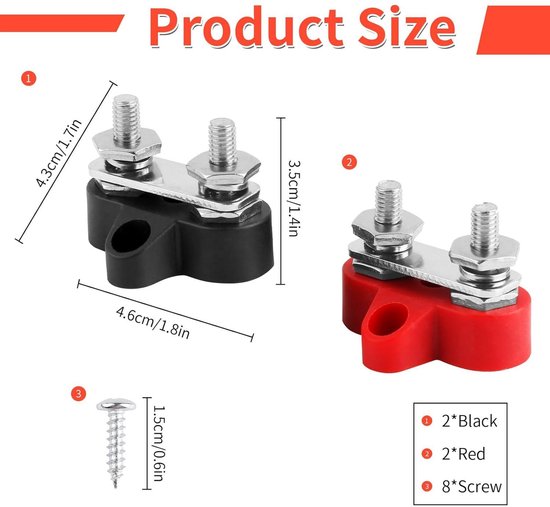 Gloaso Zware M8 Post Batterij Eindblokken Positieve Grond Geïsoleerde 12V - 48V DC Dual 5/16 Studs Post Stroomverdeling Junction 2 Pack