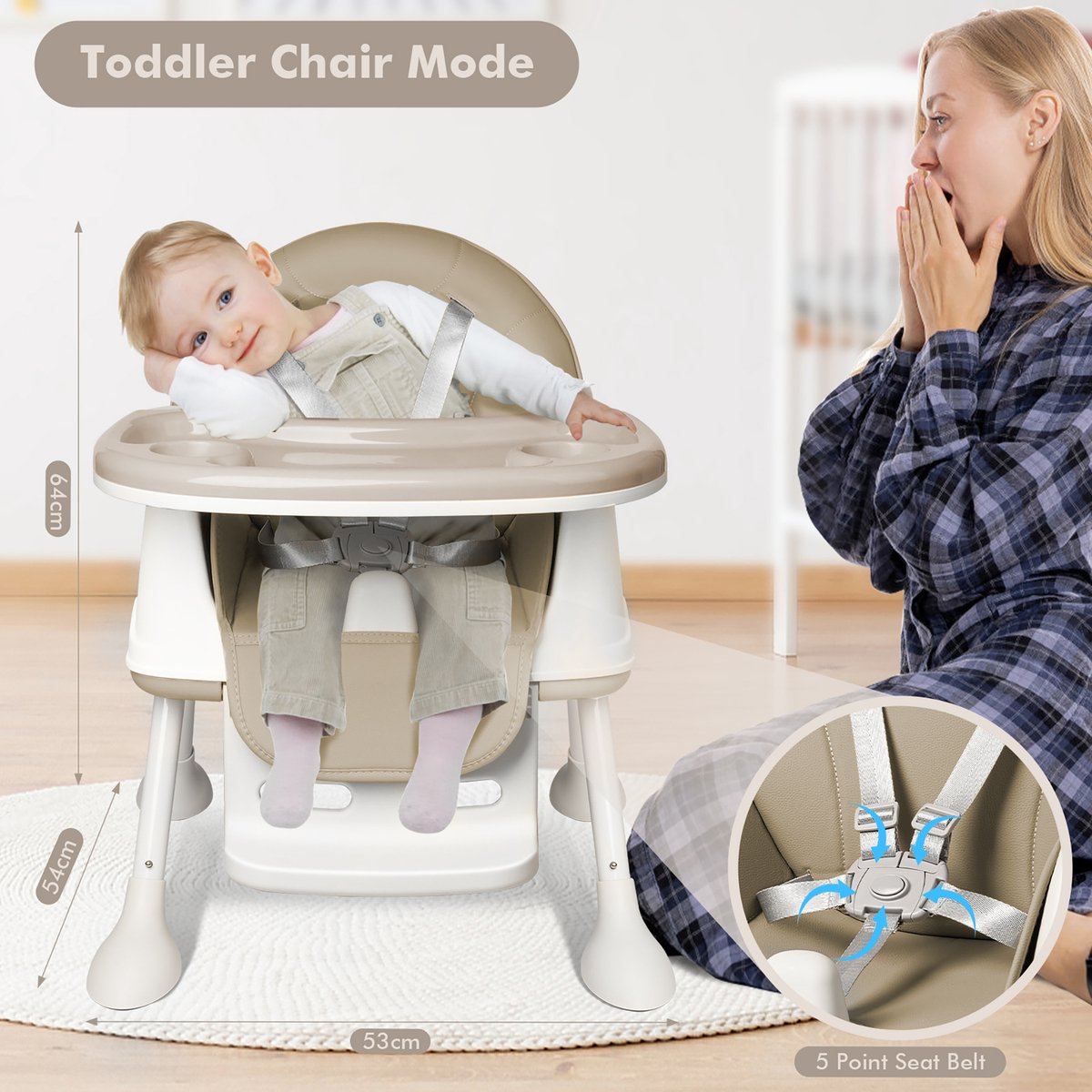 Aufun 3-In-1 Kinderstoelen, Kinderstoel, Eettafel, Babystoel, Babywalker, Babywalker, Stoelverhoger, Kinderzitje Voor Baby'S Van 6-36 Maanden, Tafel, Stoel Met Tafel En Wielen, Dienblad, Draagbaar, Beige thumbnail 5