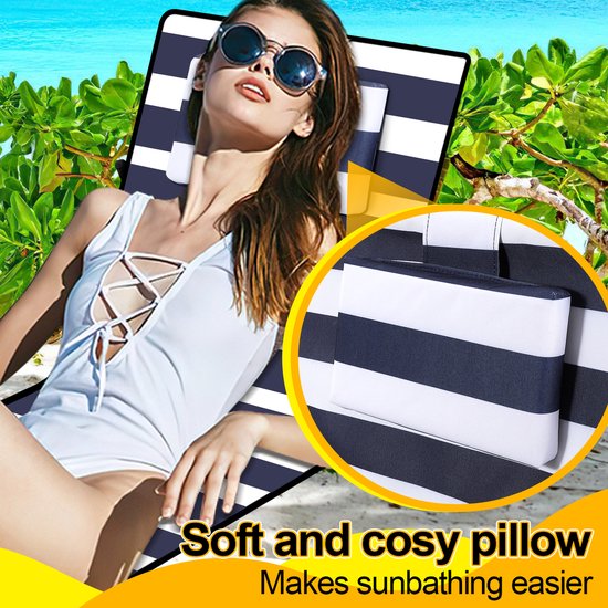 Strandstoel strandmat Strandligbed Strandmat met verstelbare rugleuning - Met hoofdkussen Blauw wit 1x 158cm — afbeelding 4
