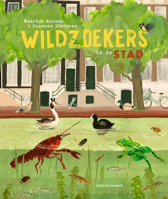 Boekcover met illustratie van huizen, bomen en dieren in het water en in de lucht. Met de titel 'Wildzoekers in de Stad'.