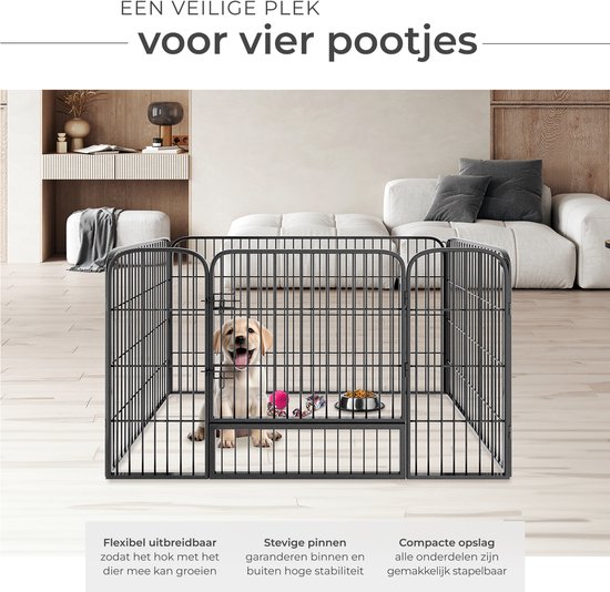 tectake® Puppyren - 70 cm Hoog, 4 Roosters - Puppybox, Buitenverblijf, Opvouwbare Dierenbox - Hondenbox met Deur - Geschikt voor Honden, Katten, Konijnen en Kleine Dieren - Zwart- 125 x 85 x 70 cm