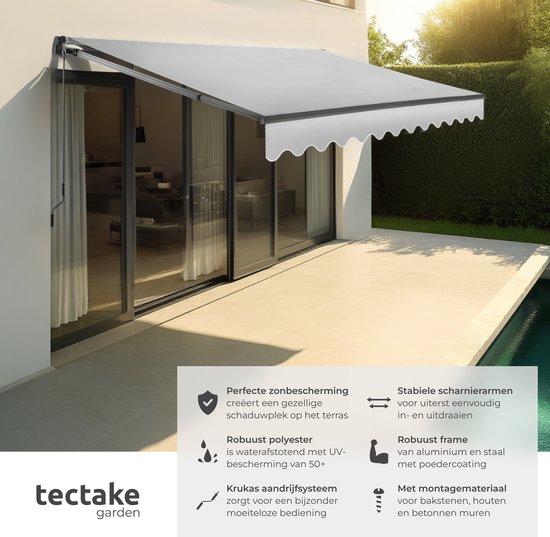 Fiqops Zonnescherm met scharnierarm, handmatig, 350 x 300 cm, luifel, zonwering met zwengel, anti-uv en waterdicht, aluminium/polyester voor balkon, terras, tuin, blauw-wit