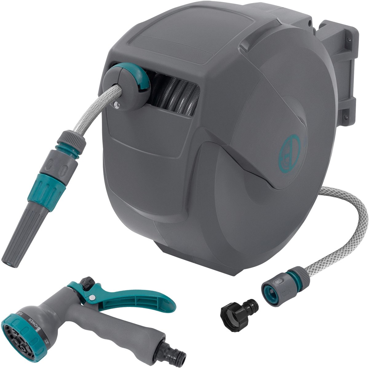 ECD Germany rollup tuinslanghaspel 15m+1,5m muurgemonteerde slanghouder met automatisch oprolmechanisme vergrendelingssysteem 9 sproeifuncties 180° zwenkbaar waterslangbox voor wandbevestiging ideaal voor tuin en terrasonderhoud
