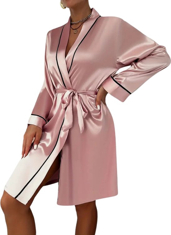Livano Satijnen Badjas Dames - Kimono - Kamerjas - Satijn - Ochtendjas - Pyjama - Roze - Maat XL