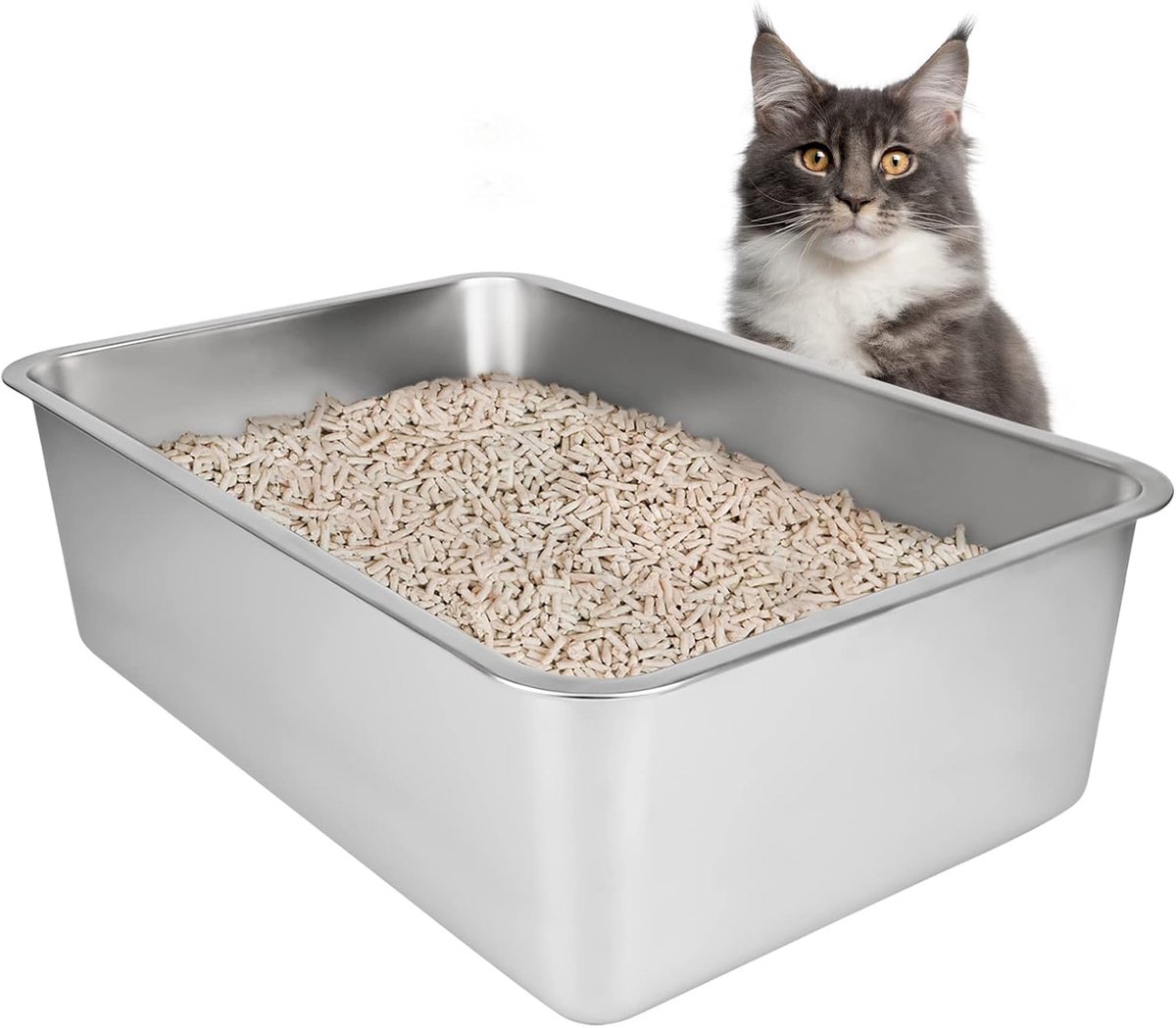 Ibenzoa® Robuuste Roestvrijstalen Kattenbak met Antislip Onderstel en Geurcontrole
