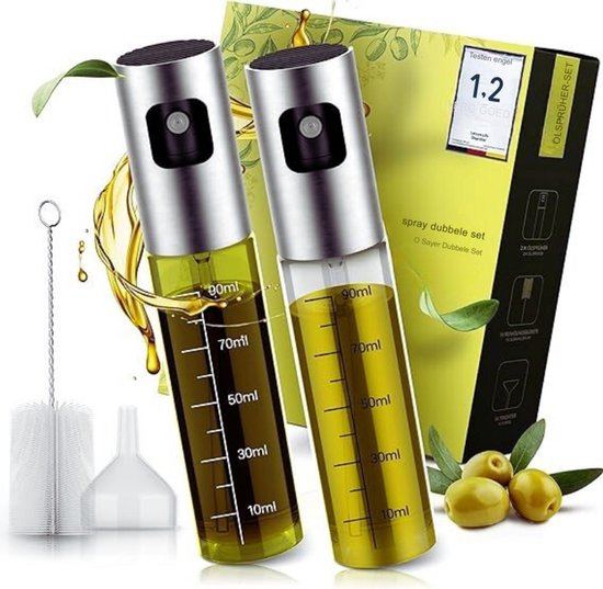 YongHang Oliespray voor keuken, 100 ml, oliespray, olijfolie, koken, met borstelloze slang en trechter om te koken, heteluchtfriteuse, barbecue-accessoires (2 stuks