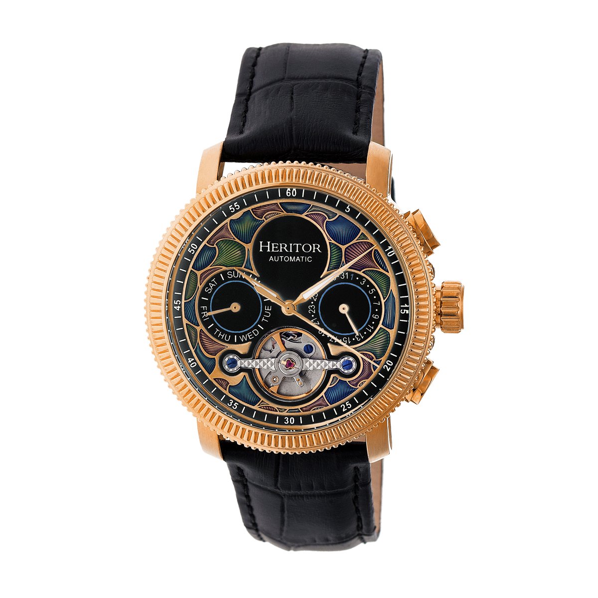 Heritor Automatic Aura herenhorloge met semi-skelet en leren band - roségoud-zwart