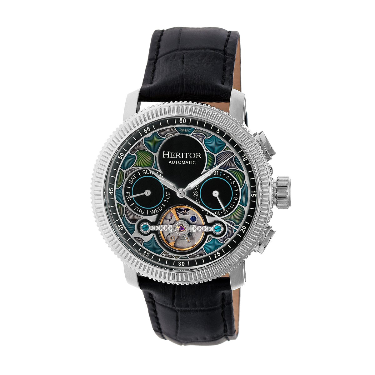 Heritor Automatic Aura Heren Semi-Skelet Lederen Band Horloge - Zilver-Zwart
