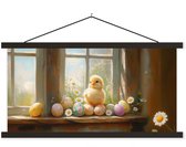 Posterhanger incl. Poster 90x45 cm - Schoolplaat - Kuiken - Raam - Paaseieren - Textielposter - Zwarte latten