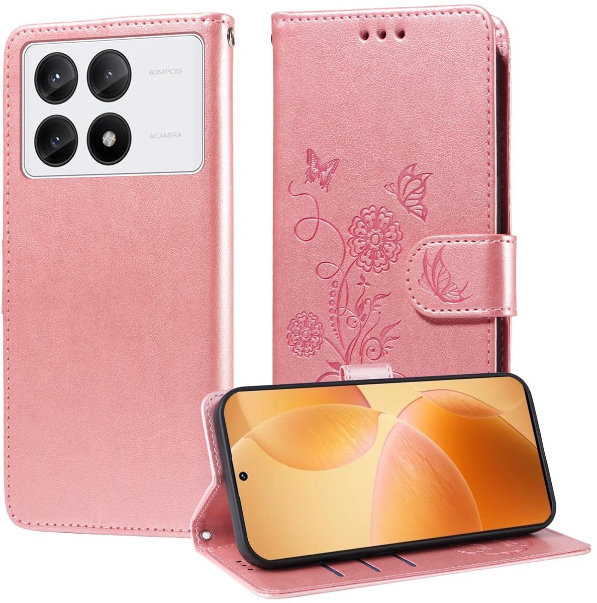 Mobigear Telefoonhoesje geschikt voor POCO X6 Pro Hoesje | Mobigear Flowers Bookcase Portemonnee | Pasjeshouder voor 3 Pasjes | Telefoonhoesje voor Pinpas / OV Kaart / Rijbewijs - Roségoud