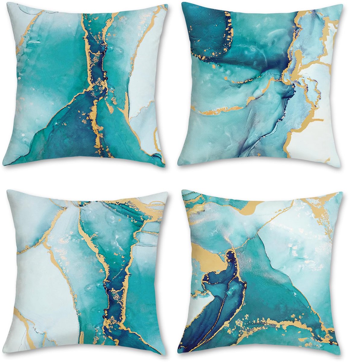 Ibenzoa Set van Vier Luxe Decoratieve Kussenslopen in Marmerlook voor Stijlvolle Interieurs turquoise