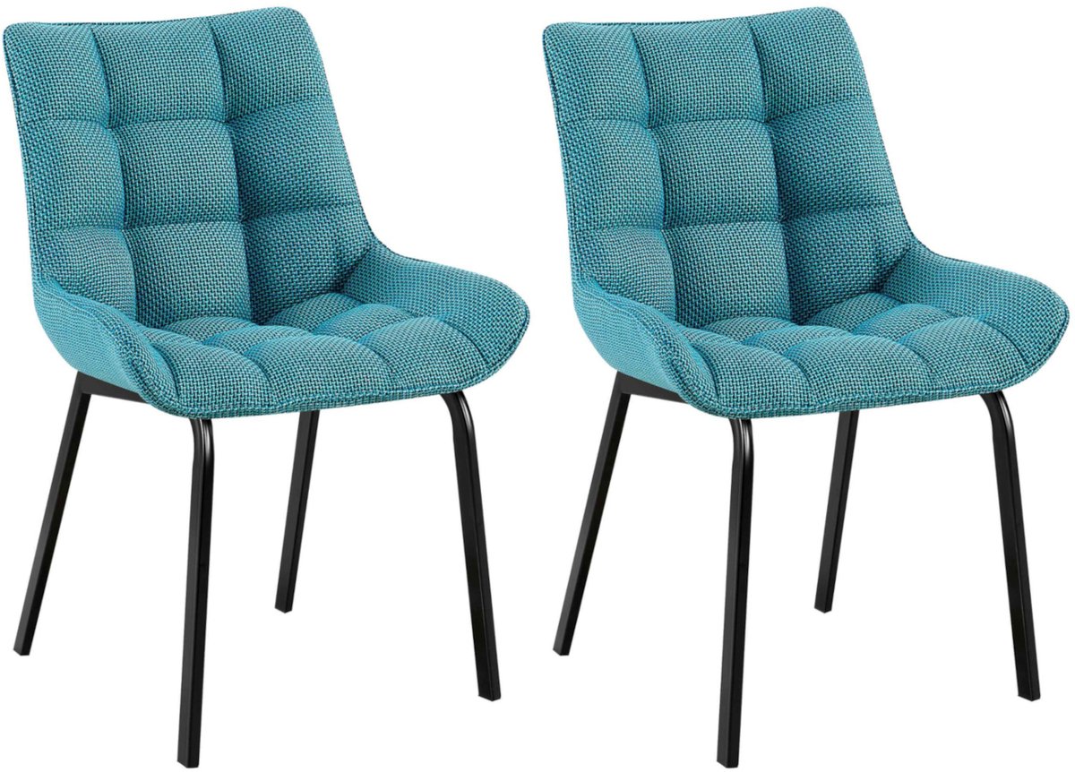 CLP Saranda Set van 2 eetkamerstoelen - klassiek - met zwart metalen frame - met rugleuning - Stof/turkis
