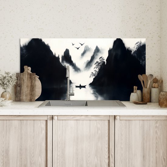 Spatscherm keuken 80x40 cm - Kookplaat achterwand Roeiboot - Mistig - Bergen - Vogels - Muurbeschermer - Spatwand fornuis - Hoogwaardig aluminium