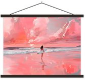 Posterhanger incl. Poster 150x113 cm - Schoolplaat - Roze - Surfen - Zee - Textielposter - Zwarte latten