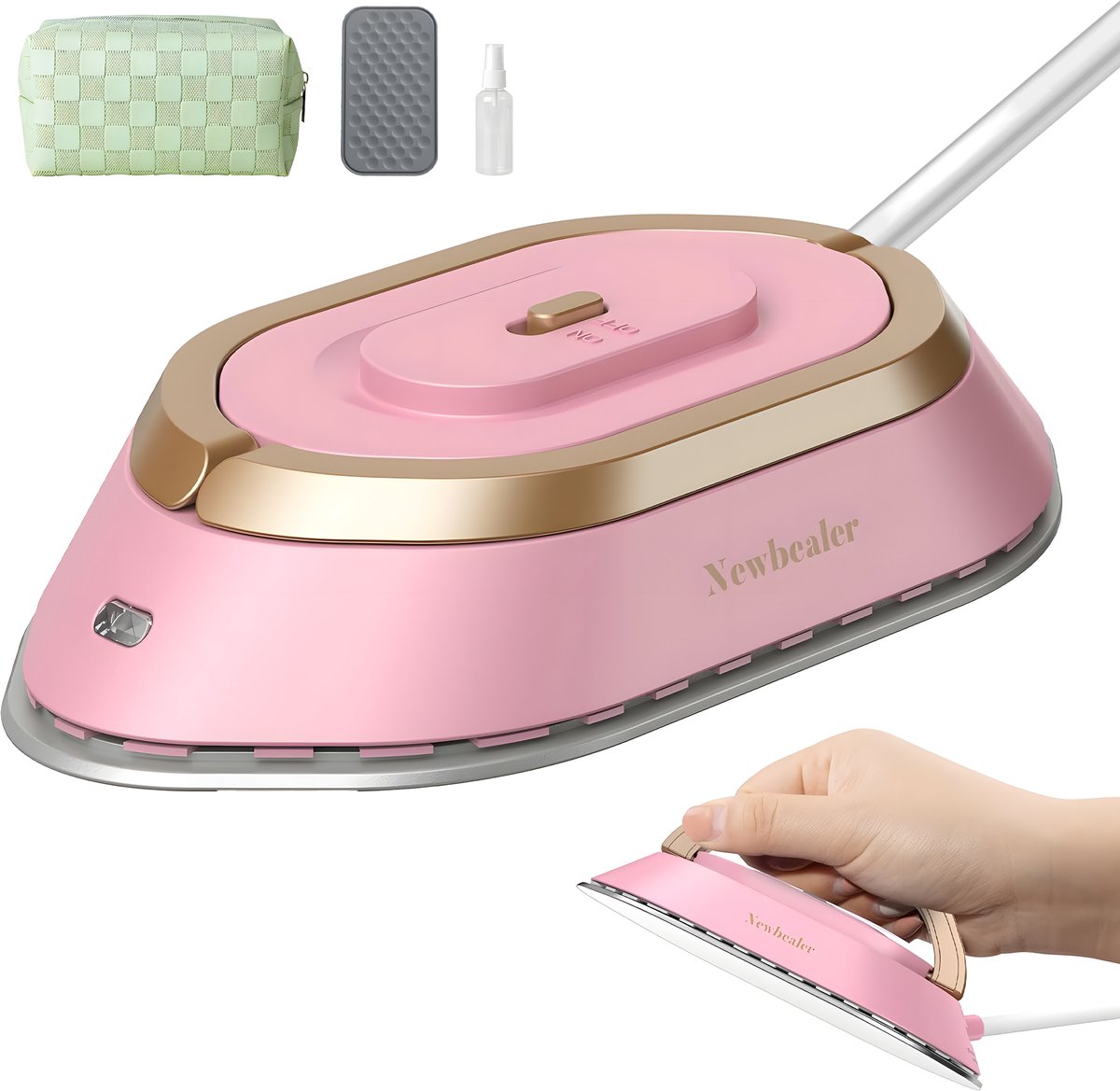 Newbealer Reisstrijkijzer Dual Voltage – Mini Strijkijzer – Kleine Strijkbout – Droogstrijkijzer – Inklapbaar – 120/220 Volt - Roze/Goud