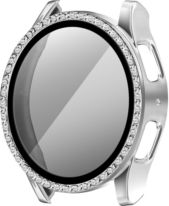 Zilverkleurig smartwatch hoesje met diamanten rand.