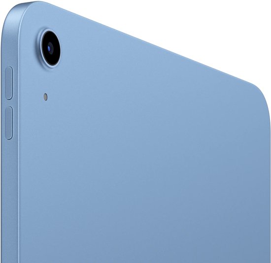 Gros plan de l'arrière bleu d'un iPad, montrant l'appareil photo et le côté.