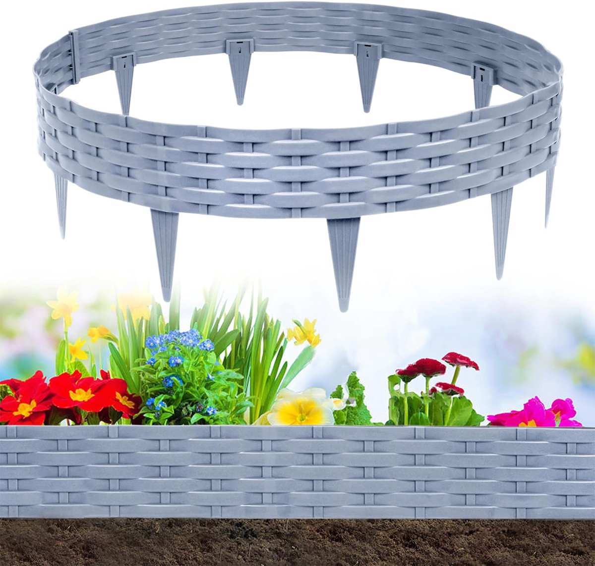Aufun 5m Kunststof beetranding Borderrand - Rattanlook - Decoratieve palisade met maaikant - 5 stuks randstenen - Grijs