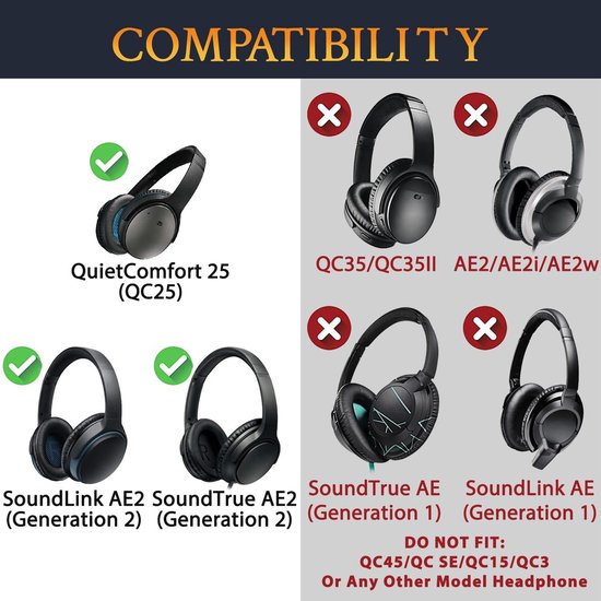 Coussinets Remplacement Pour Casque Bose QC15, QC25, QC35, QC2, AE2 – Neufs Et Confortables (Noir)
