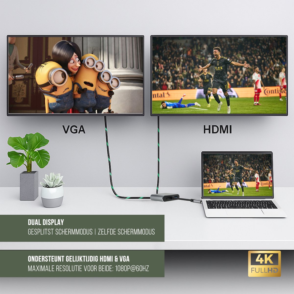USB-C naar HDMI VGA Adapter 4-in-1 – 4K UHD, Full HD, USB 3.0, 87W PD Opladen – Voor Laptop, Tablet, Smartphone - Afbeelding 4