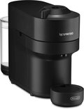 Zwarte Nespresso Vertuo Pop koffiemachine met een glanzend rooster en een glazen waterreservoir.