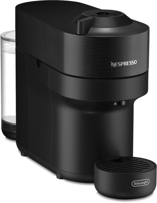Zwarte Nespresso Vertuo Pop koffiemachine met een glanzend rooster en een glazen waterreservoir.