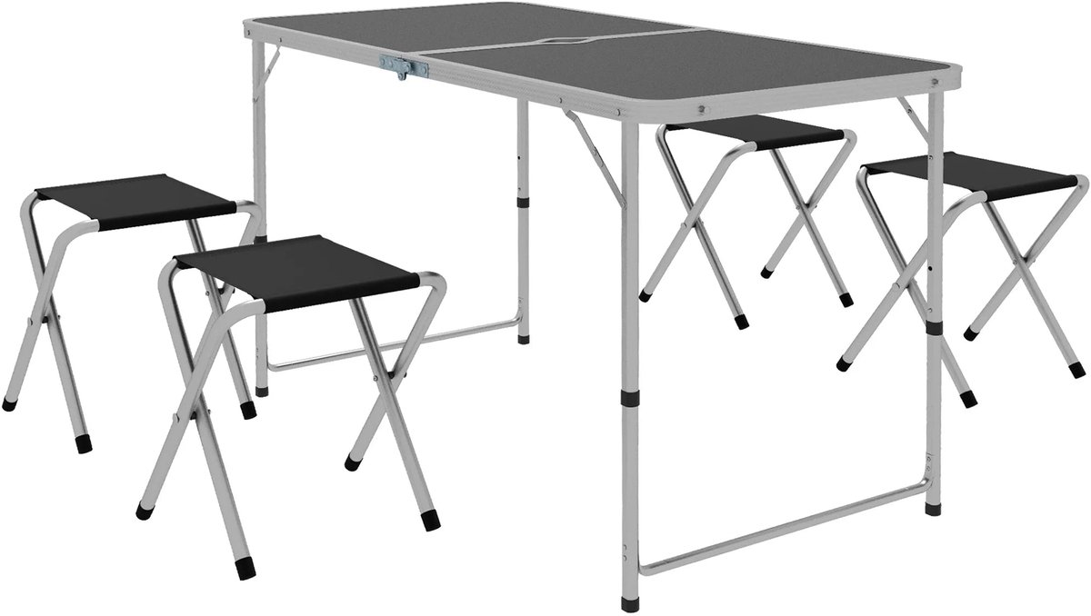 Vouwbare Campingtafel met Stoelen Set - 5-delige Zwart - Verstelbare Hoogte en Umbrella Hole
