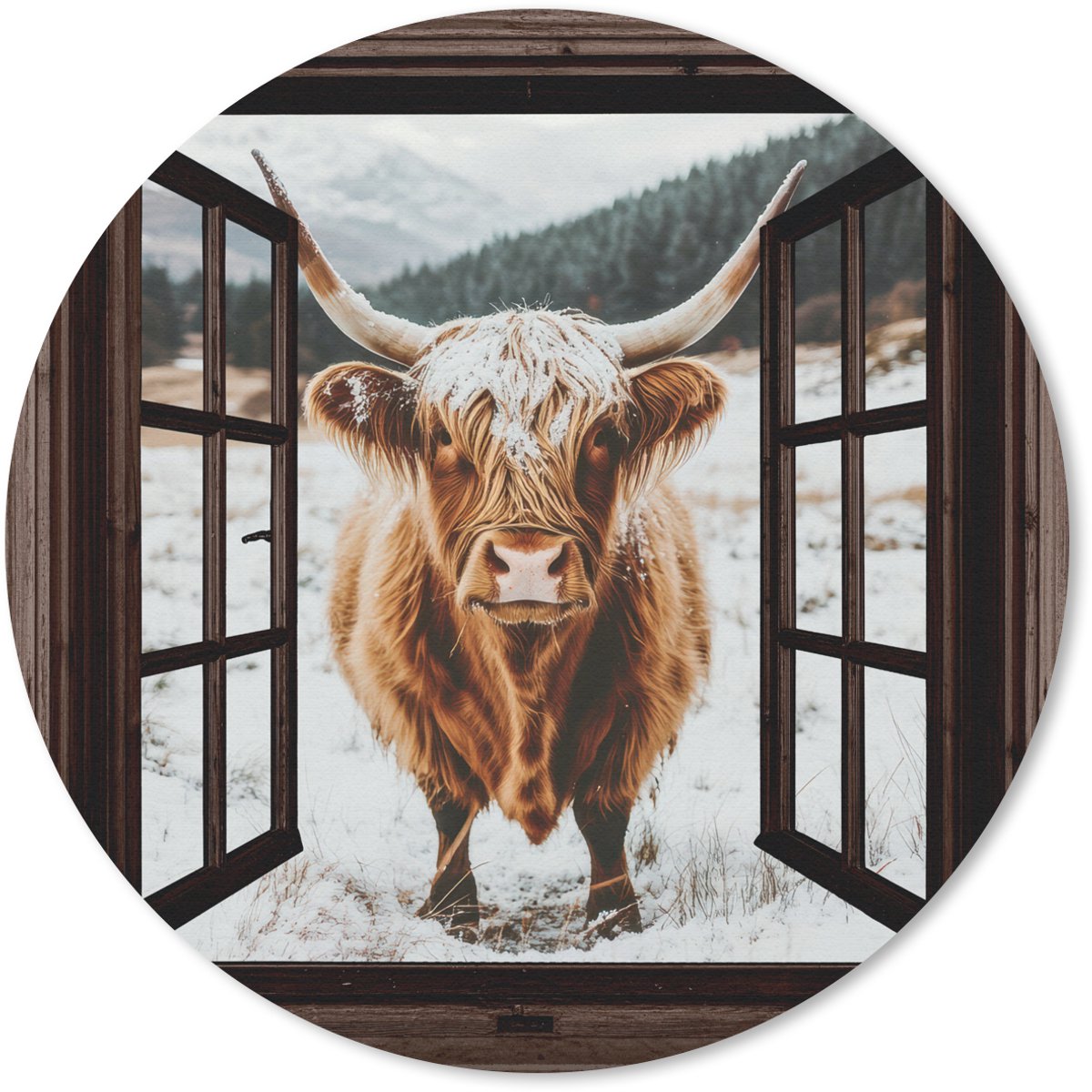 Muismat rond 50x50 cm - Mousepad Schotse Hooglander - Landschap - Landelijk - Bergen - Winter - Doorkijk - Donker - Ronde muismatten