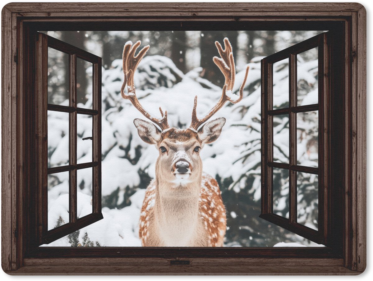 Muismat 23x19 cm - Mousepad Hert - Sneeuw - Winter - Bos - Dieren - Doorkijk - Muismatten