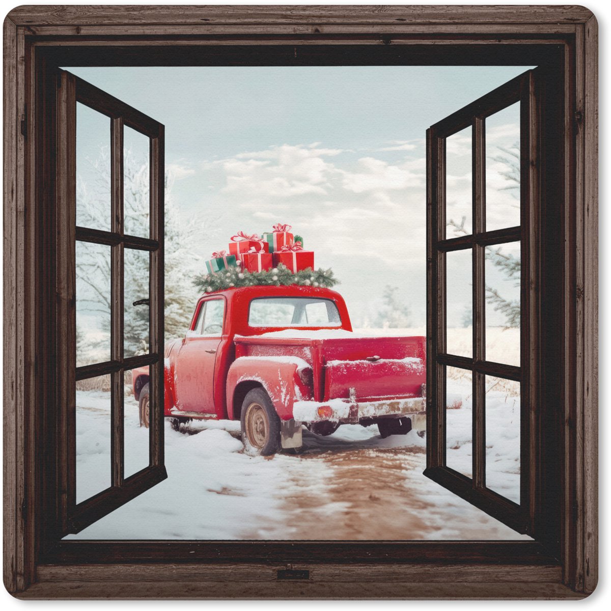 Muismat 20x20 cm - Mousepad Doorkijk - Auto - Rood - Cadeaus - Winterlandschap - Kerst - Muismatten
