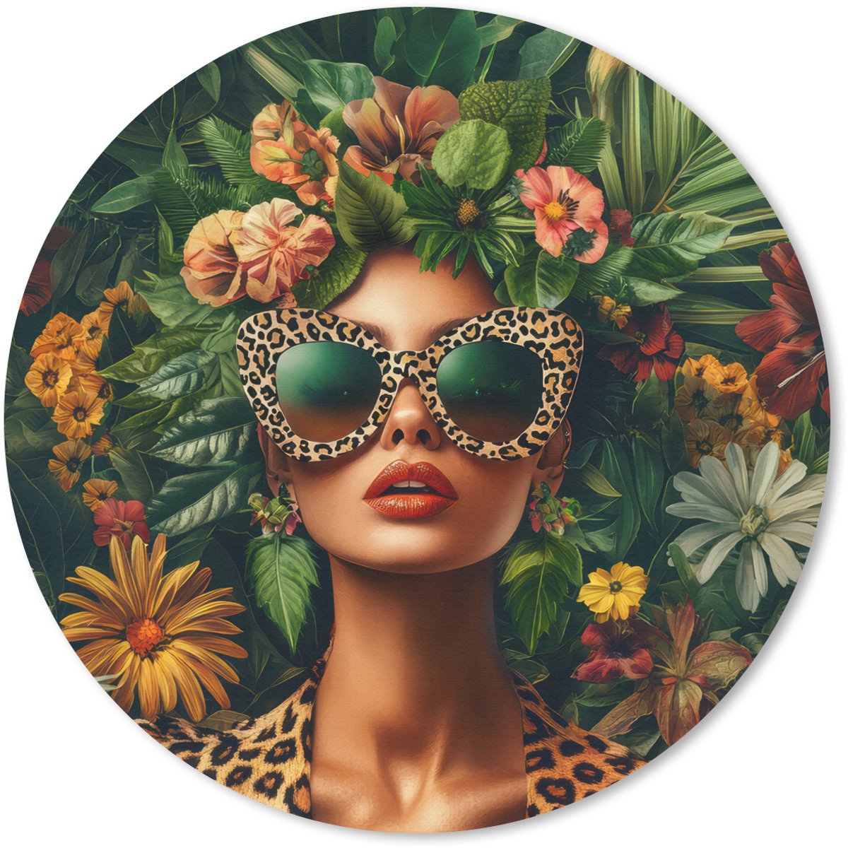 Muismat rond 40x40 cm - Mousepad Vrouw - Panterprint - Jungle - Natuur - Luxe - Ronde muismatten