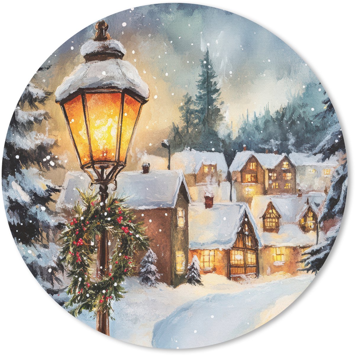 Muismat rond 40x40 cm - Mousepad Kerstdorp - Huizen - Sneeuw - Kerst - Ronde muismatten