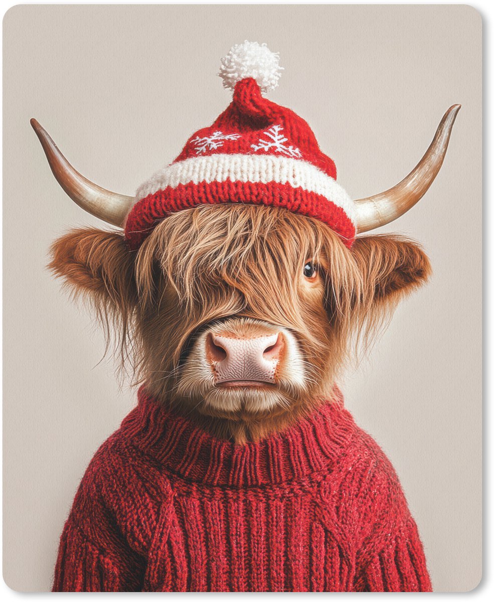 Muismat 19x23 cm - Mousepad Schotse Hooglander - Kerst - Muts - Trui - Winter - Muismatten